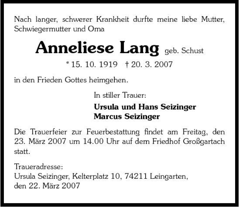  Traueranzeige für Anneliese Lang vom 22.03.2007 aus 