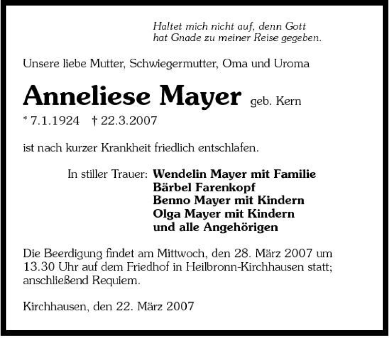  Traueranzeige für Anneliese Mayer vom 24.03.2007 aus 