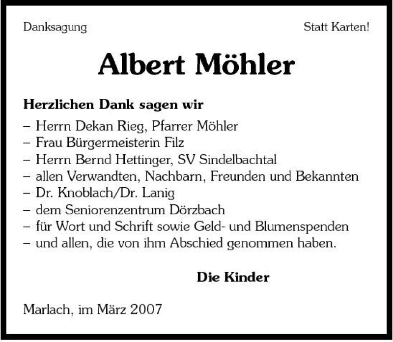  Traueranzeige für Albert Moehler vom 24.03.2007 aus 