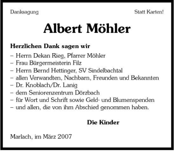 Traueranzeige von Albert Moehler 