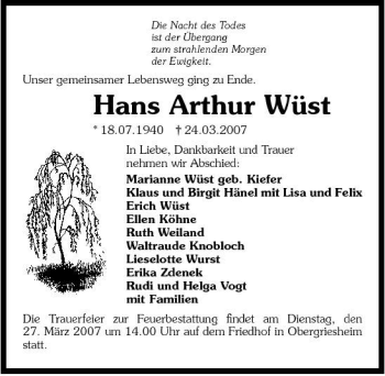Traueranzeige von Hans Arthur Wüst 