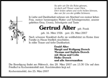 Traueranzeige von Gertrud Alter 