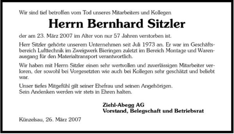  Traueranzeige für Bernhard Sitzler vom 27.03.2007 aus 