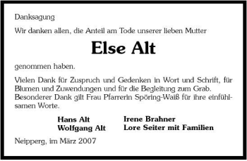 Traueranzeige von Else Alt 