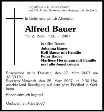Traueranzeige von Alfred Bauer 