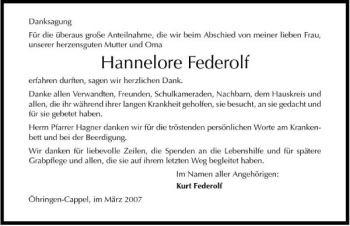 Traueranzeige von Hannelore Federolf 