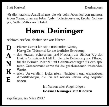 Traueranzeige von Hans Deininger 