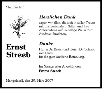Traueranzeige von Ernst Streeb 