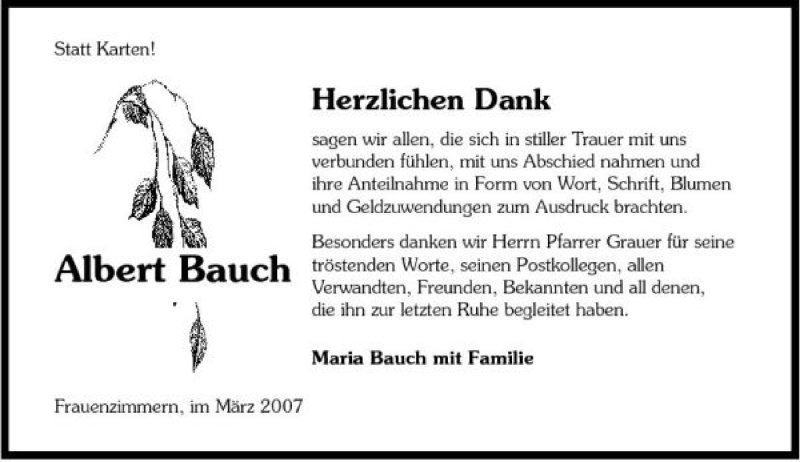  Traueranzeige für Albert Bauch vom 29.03.2007 aus 