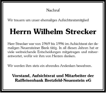 Traueranzeige von Wilhelm Strecker 