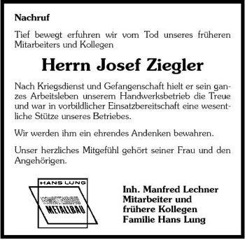 Traueranzeige von Josef Ziegler 