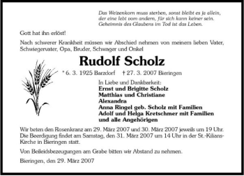 Traueranzeige von Rudolf Scholz 