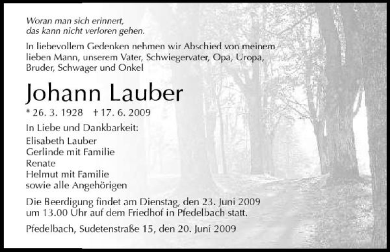  Traueranzeige für Johann Lauber vom 20.06.2009 aus 