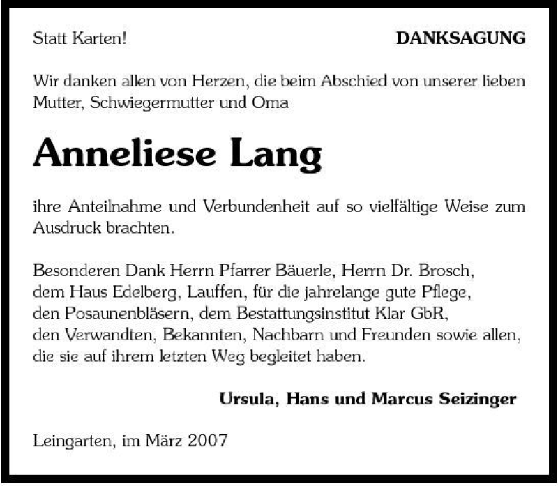  Traueranzeige für Anneliese Lang vom 31.03.2007 aus 