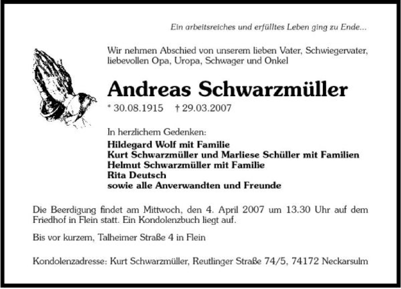  Traueranzeige für Andreas Schwarzmüller vom 31.03.2007 aus 