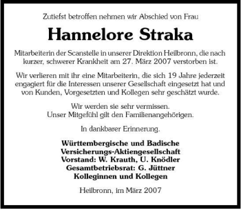 Traueranzeige von Hannelore Straka 