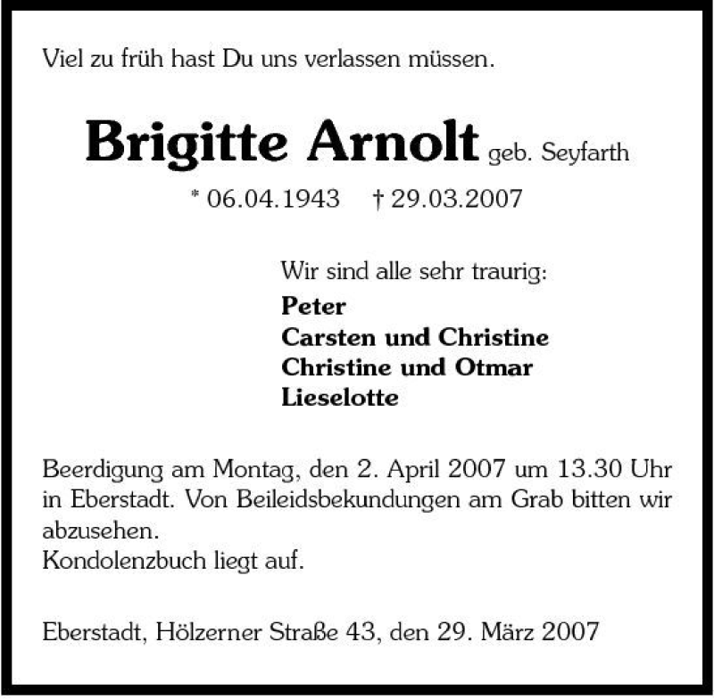  Traueranzeige für Brigitte Arnolt vom 30.03.2007 aus 