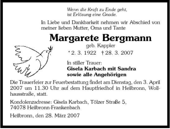 Traueranzeige von Margarete Bergmann 
