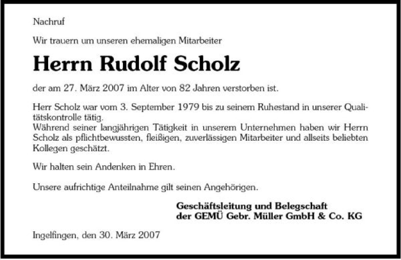  Traueranzeige für Rudolf Scholz vom 31.03.2007 aus 
