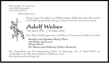 Traueranzeige von Adolf Weber 