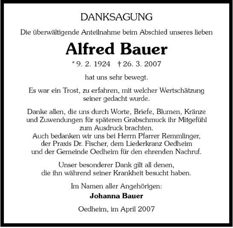  Traueranzeige für Alfred Bauer vom 03.04.2007 aus 