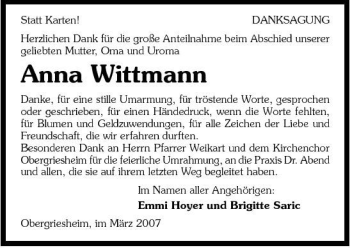 Traueranzeige von Anna Wittmann 