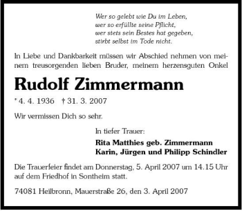 Traueranzeige von Rudolf Zimmermann 