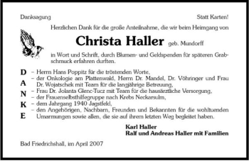 Traueranzeige von Christa Haller 