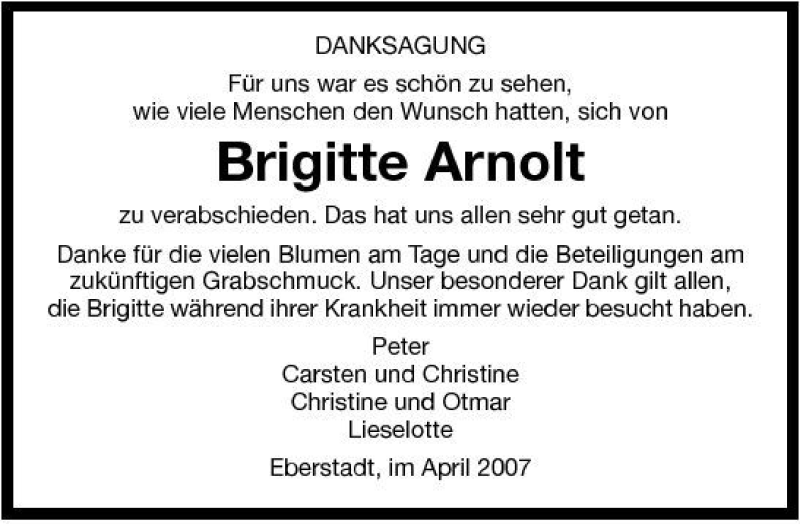  Traueranzeige für Brigitte Arnolt vom 10.04.2007 aus 