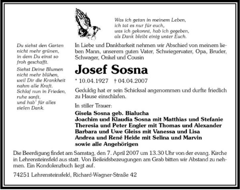  Traueranzeige für Josef Sosna vom 05.04.2007 aus 