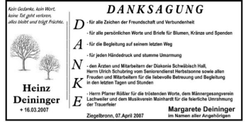 Traueranzeige von Heinz Deininger 