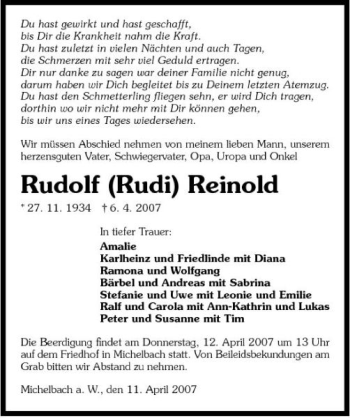 Traueranzeige von Rudolf Reinold 