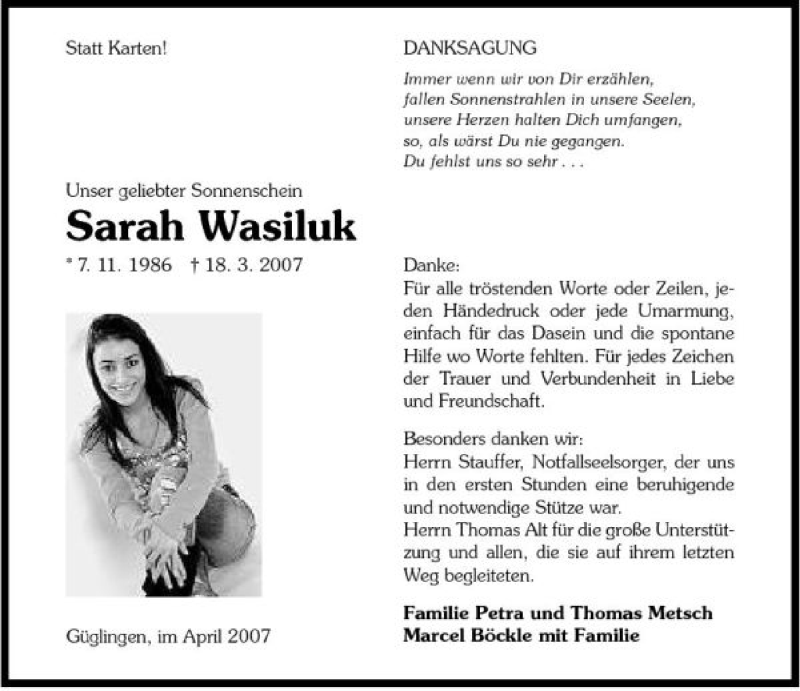  Traueranzeige für Sarah Wasiluk vom 12.04.2007 aus 