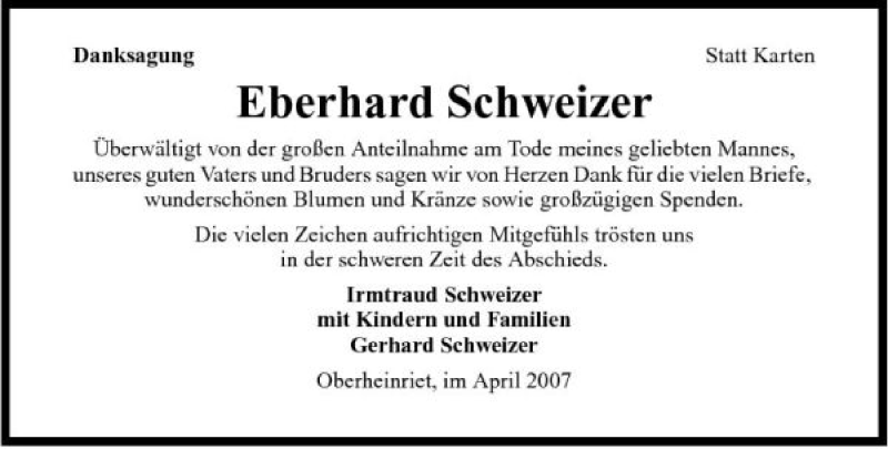  Traueranzeige für Eberhard Schweizer vom 14.04.2007 aus 