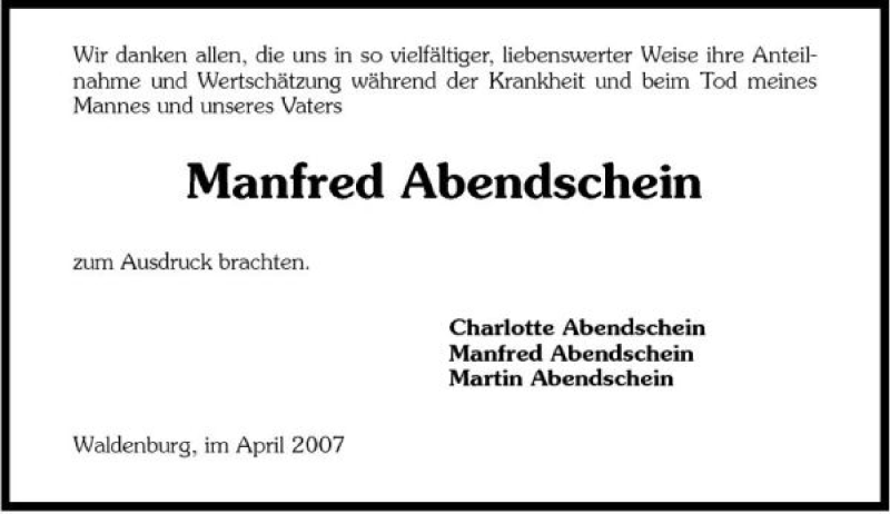  Traueranzeige für Manfred Abendschein vom 14.04.2007 aus 