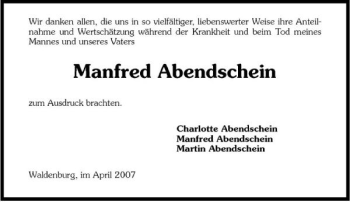 Traueranzeige von Manfred Abendschein 