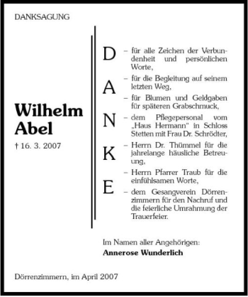 Traueranzeige von Wilhelm Abel 