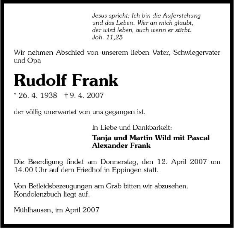  Traueranzeige für Rudolf Frank vom 11.04.2007 aus 