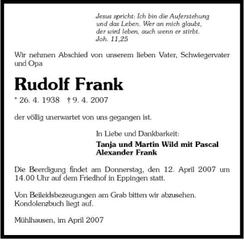 Traueranzeige von Rudolf Frank 