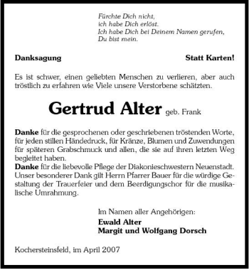 Traueranzeige von Gertrud Alter 