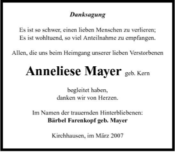 Traueranzeige von Anneliese Mayer 