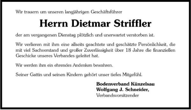  Traueranzeige für Dietmar Striffler vom 13.04.2007 aus 