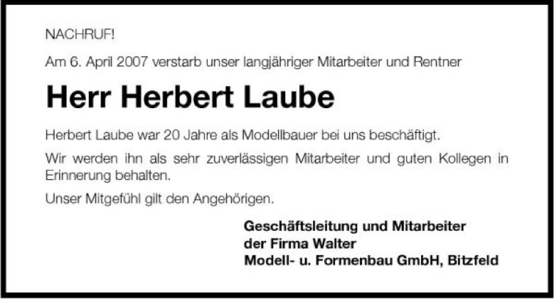  Traueranzeige für Herbert Laube vom 14.04.2007 aus 