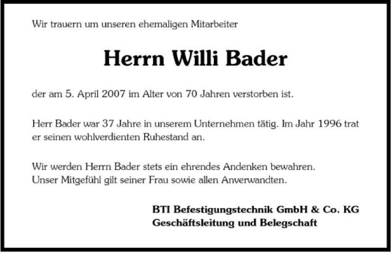  Traueranzeige für Willi Bader vom 16.04.2007 aus 