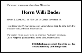 Traueranzeige von Willi Bader 
