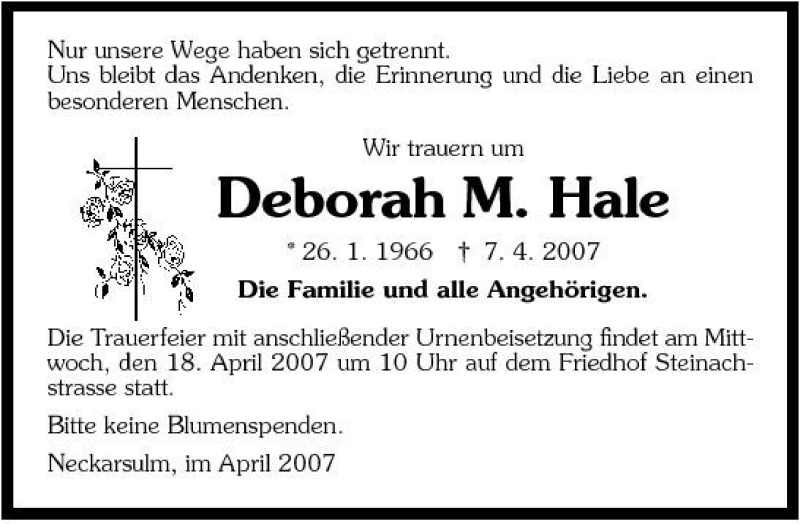  Traueranzeige für Deborah Maria Hale vom 16.04.2007 aus 