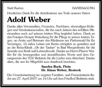 Traueranzeige von Adolf Weber 