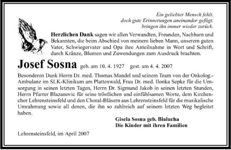  Traueranzeige für Josef Sosna vom 18.04.2007 aus 