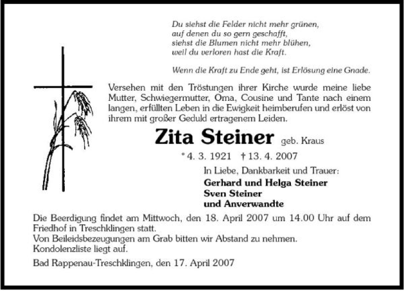  Traueranzeige für Zita Steiner vom 17.04.2007 aus 