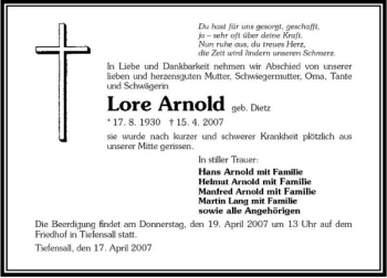 Traueranzeige von Lore Arnold 